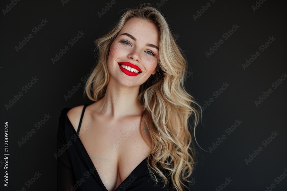 Fashion portrait of slim blond woman in black cocktail dress Fashion portrait of slim blond woman in black cocktail dress