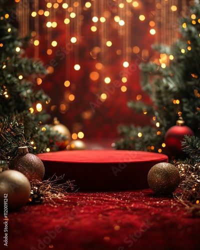 Podium on red Christmas background with lights
