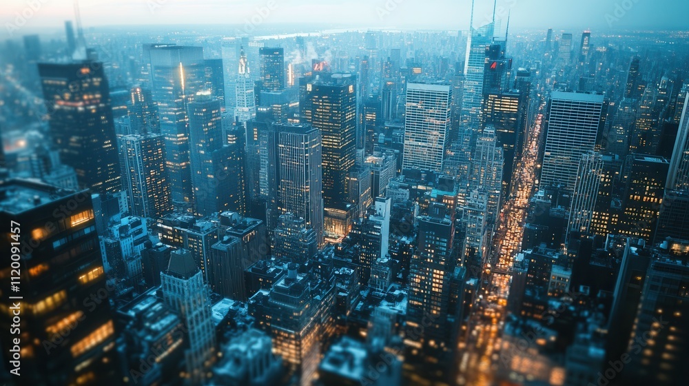 Obraz premium Aerial view of new york city skyline at dusk featuring illuminated skyscrapers and urban landscape.