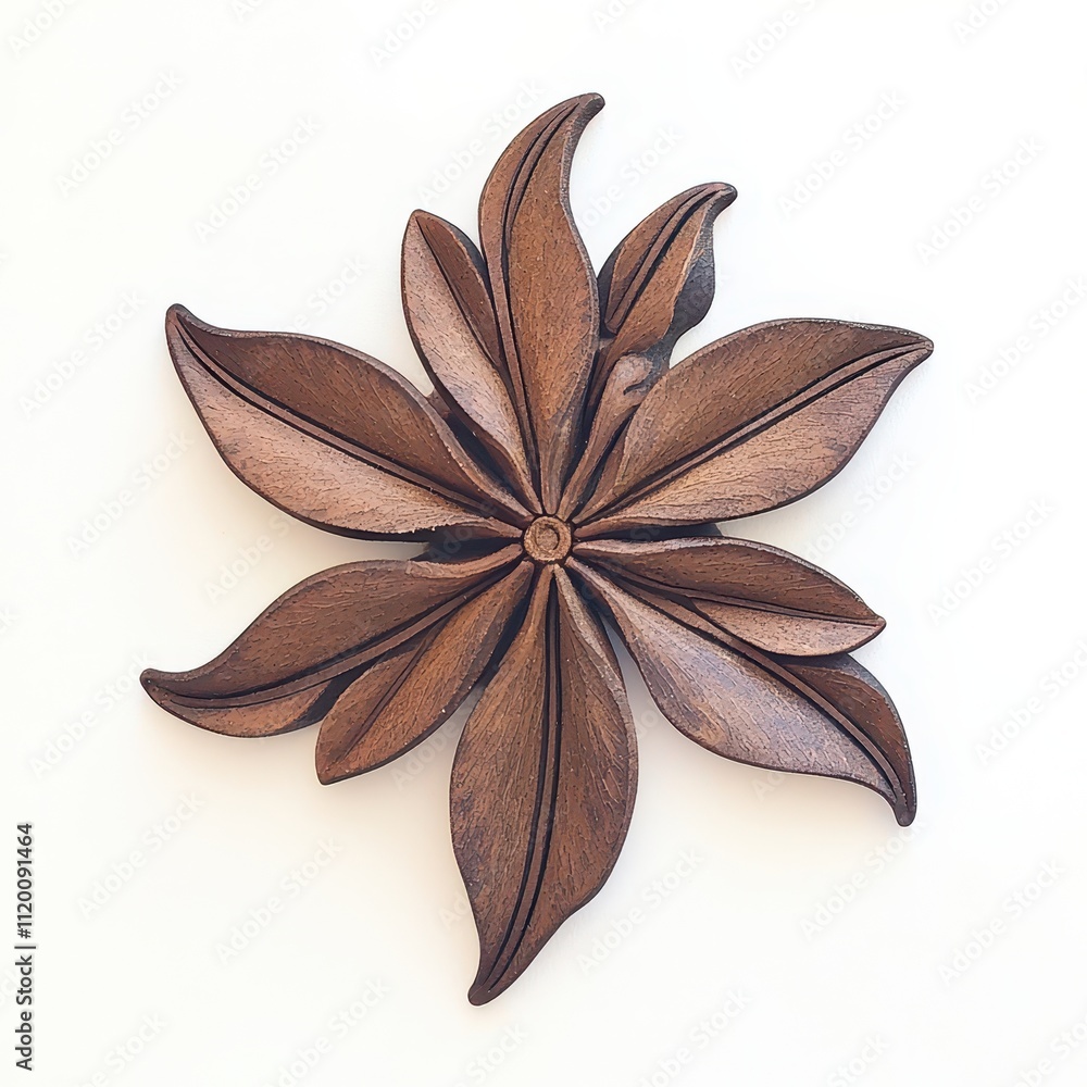 A decorative wooden piece shaped like a flower with elongated petals, showcasing a rich, brown finish and intricate design. A decorative wooden piece shaped like a flower with elongated petals, showcasing a rich, brown finish and intricate design.