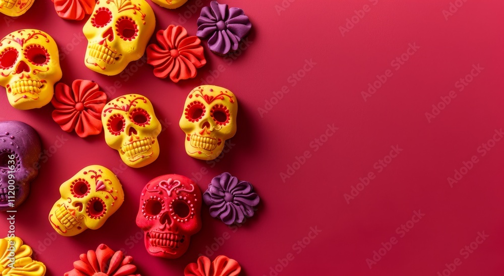 Colorful Mexican Cinco de Mayo banner with A bunch of skulls and flowers on a red background. The skulls are in various colors and sizes, and the flowers are purple. The image has a festive and Colorful Mexican Cinco de Mayo banner with A bunch of skulls and flowers on a red background. The skulls are in various colors and sizes, and the flowers are purple. The image has a festive and