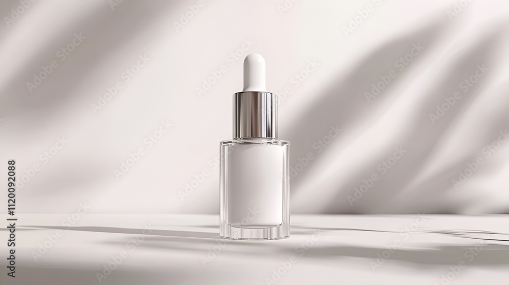 Transparent liquid product packaging in glass bottle. Anti aging serum with collagen and peptides on white with sunlight and shadow. Hyaluronic or polyglutamic acid oil cosmetic mockup. Flat lay. Transparent liquid product packaging in glass bottle. Anti aging serum with collagen and peptides on white with sunlight and shadow. Hyaluronic or polyglutamic acid oil cosmetic mockup. Flat lay.