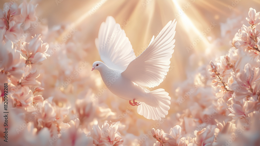 Fototapeta premium A radiant white dove descending from the sky with its wings fully spread, glowing golden sunlight breaking through clouds, serene and ethereal atmosphere, soft and vibrant tones