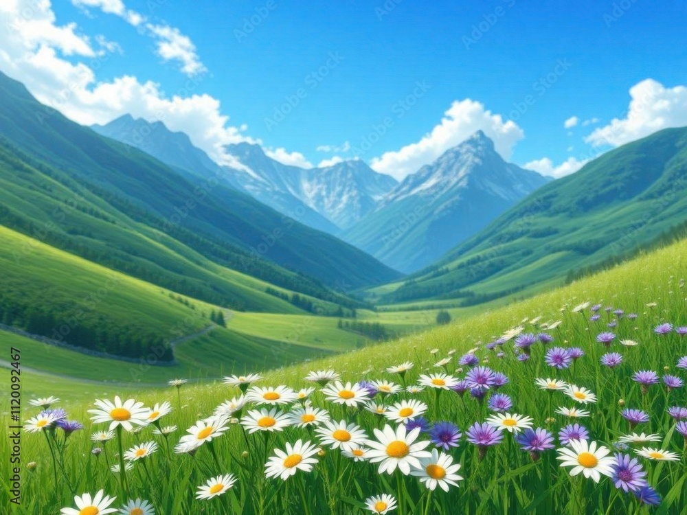 Fototapeta premium Picturesque summer landscape with green hills, wildflowers and snowy mountains in the background