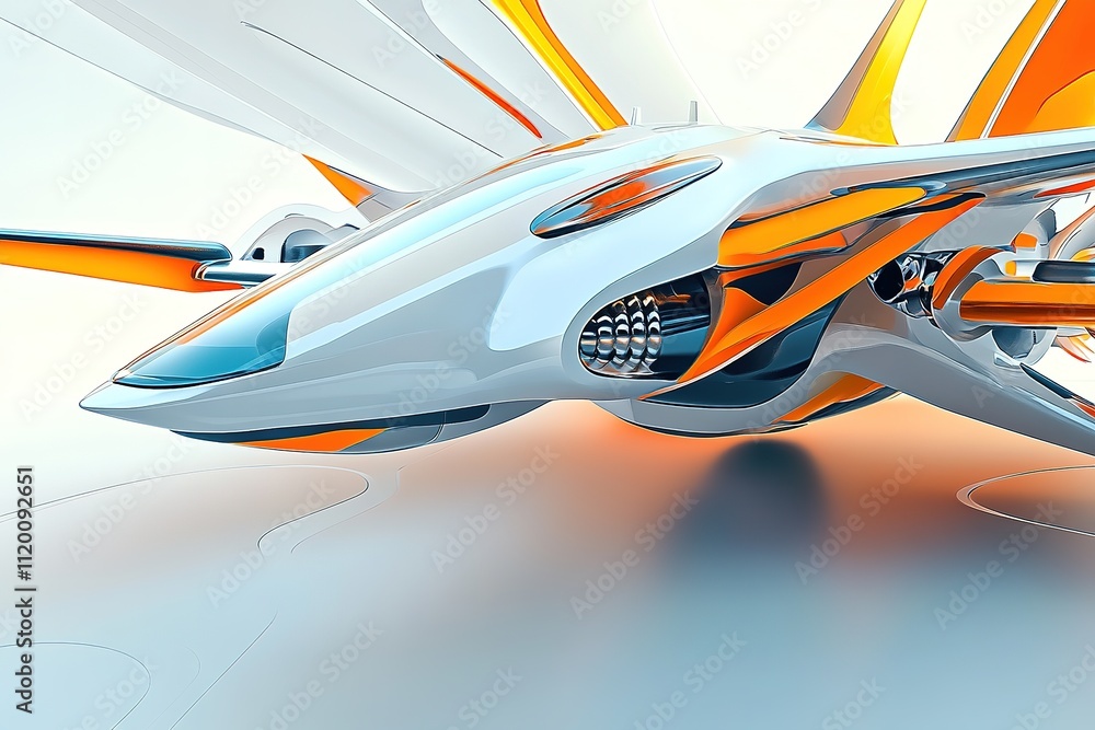 Fototapeta premium Futuristic orange and white drone flying in sky