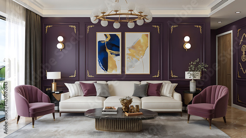 interior design mockup Interior of living room with white sofaand coffee table panorama 3d rendering Royal Gold Deep purple royal blue gold white Art Deco photo