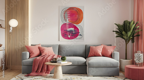 interior design mockup Grey sofa with pink pillows and blanket against white wall with abstract art poster Interior design of modern living room Created with generative AI Vibrant Sunset Coral tanger