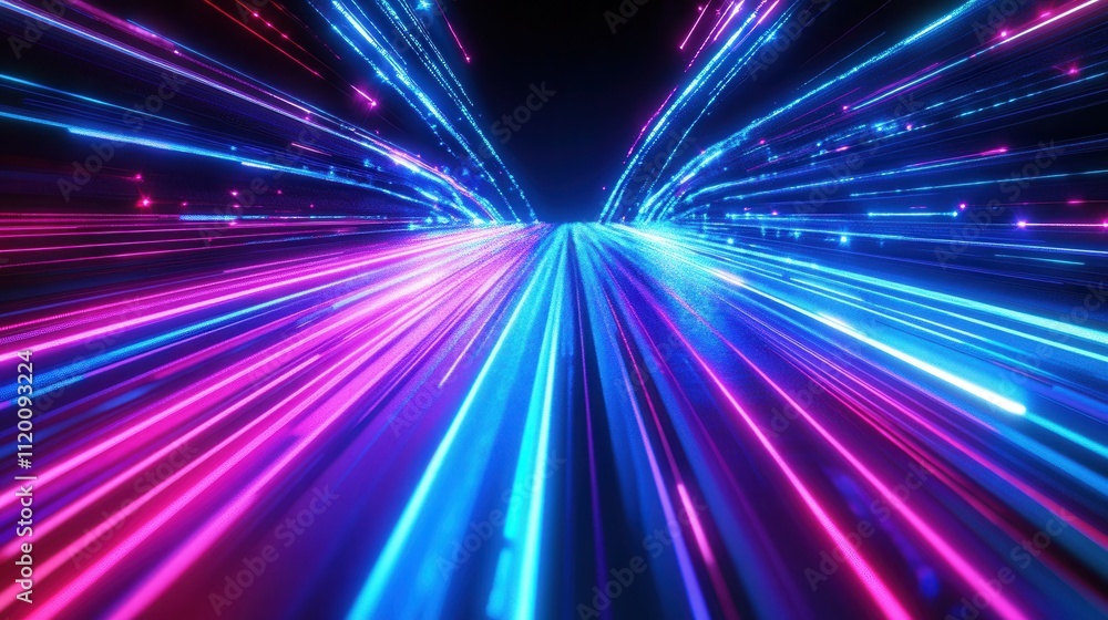 Neon light trails in motion creating a futuristic digital tunnel. Neon light trails in motion creating a futuristic digital tunnel.