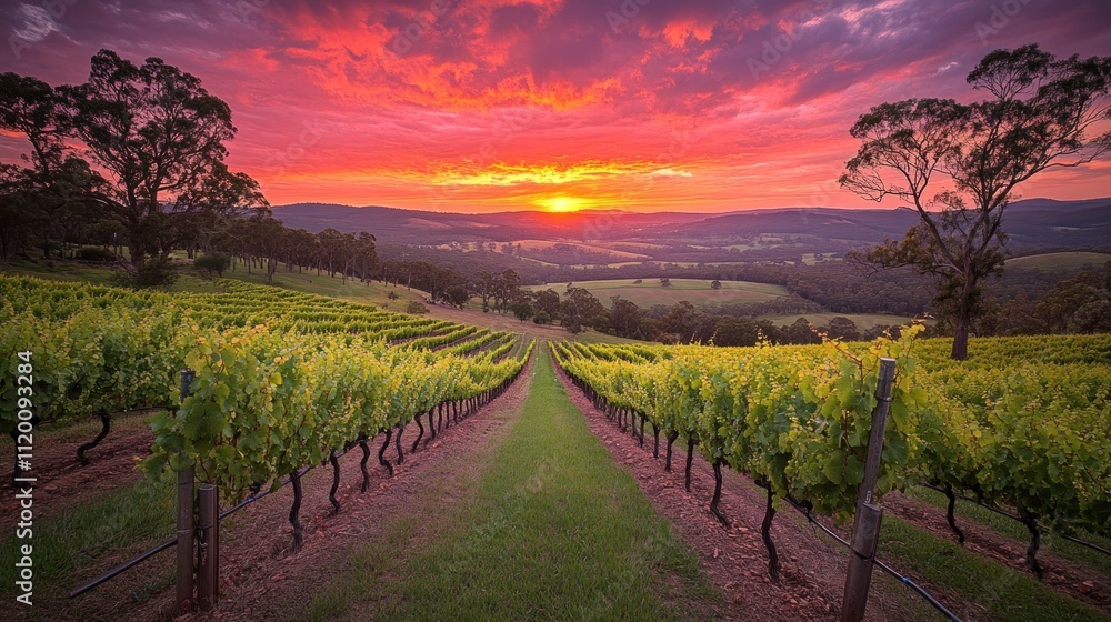 Naklejka premium A picturesque vineyard with rows of grapevines stretching into the distance, a fiery sunset over the hills in the background.