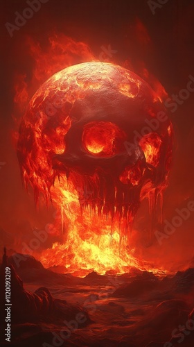 A fiery skull emerges from molten lava, radiating a sense of destruction and chaos, with a glowing planet above, creating a dramatic and intense visual.