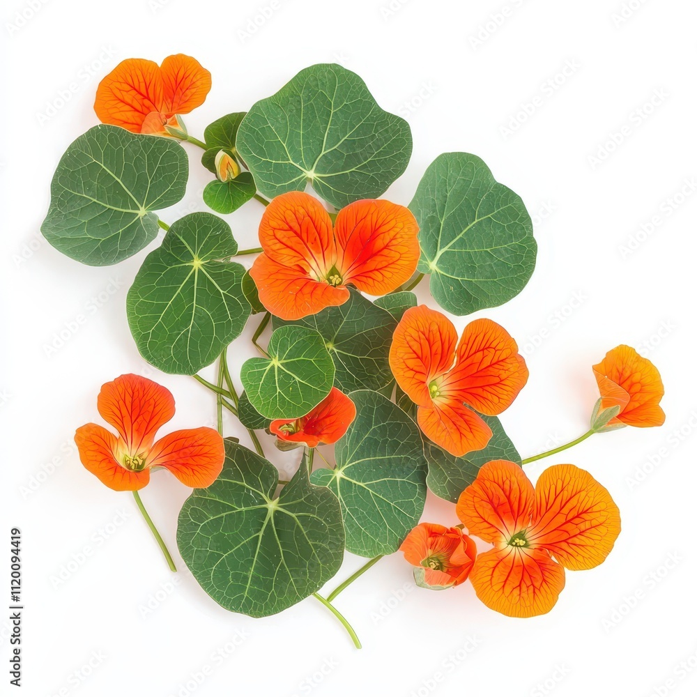 Fototapeta premium A vibrant arrangement of orange nasturtium flowers and green leaves, showcasing their distinct color and shape against a clean background.