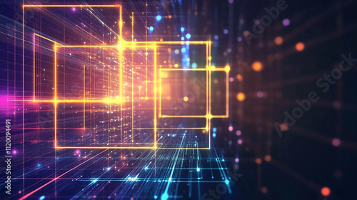 Futuristic cityscape where digital ordinances ensure fairness and integrity in governance, A vibrant digital circuit board with glowing elements representing technology and data flow. 