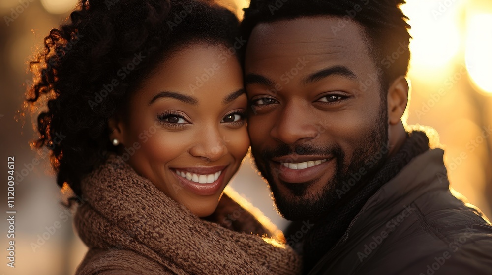 A young African American couple smiles warmly at the camera, standing close together in a loving embrace. The golden light of the setting sun casts a warm glow on their faces. A young African American couple smiles warmly at the camera, standing close together in a loving embrace. The golden light of the setting sun casts a warm glow on their faces.
