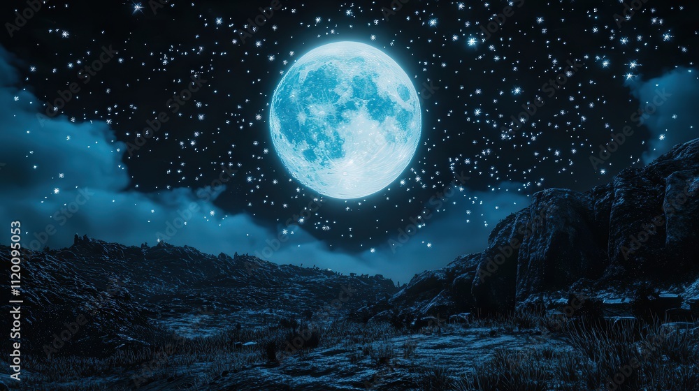 Naklejka premium A serene Christmas Eve is made magical as the shadow of Santaas sleigh passes across the glowing full moon, framed by sparkling stars