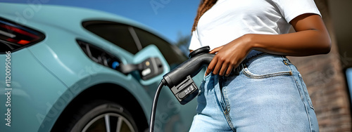 Woman holding EV charger near a light teal electric car. photo