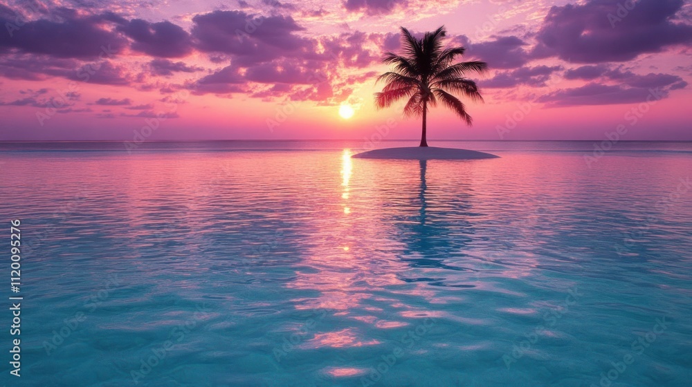 Fototapeta premium A lone palm tree stands on a small island in the middle of the ocean as the sun sets over the horizon, casting a warm, orange glow across the sky and water.