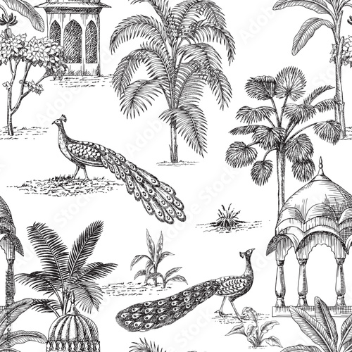 Indian toile jungle seamless pattern. Tropical palm tree, plants, architecture,  peacock wallpaper.	

