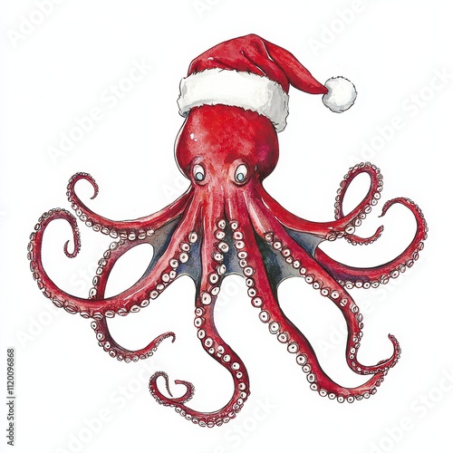 A whimsical octopus wearing a Santa hat, combining festive elements with marine life for a fun holiday theme. photo