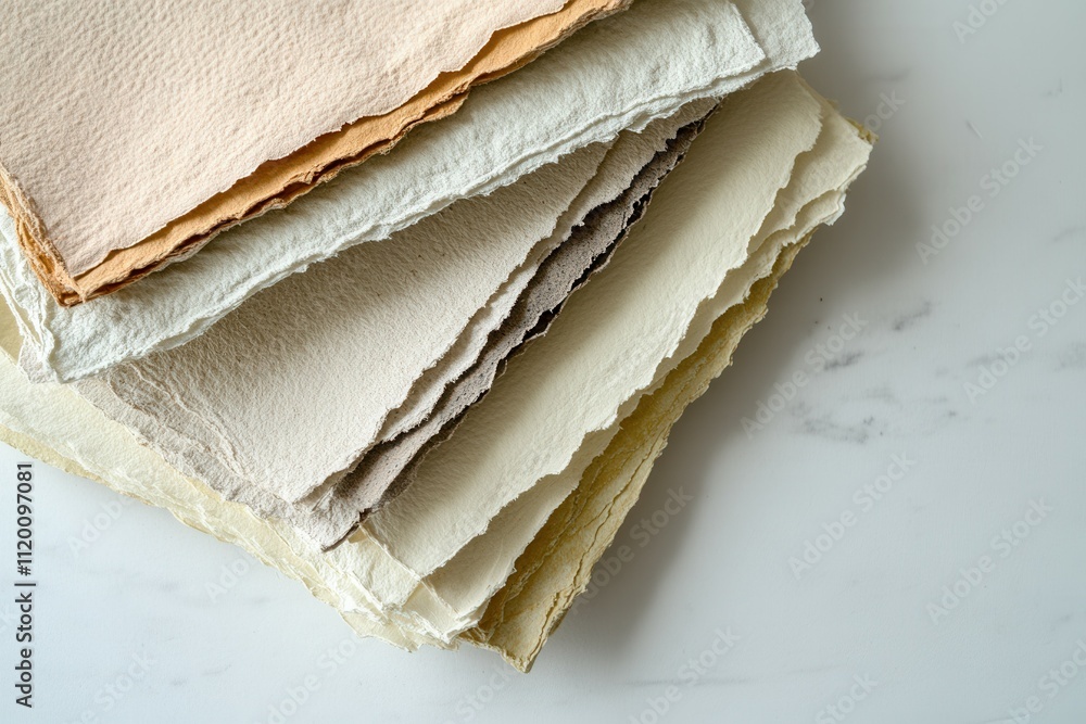 Stack of textured handmade paper sheets on marble surface. Stack of textured handmade paper sheets on marble surface.