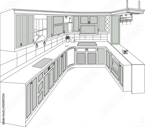 Vector sketch, illustration, silhouette, design, architectural engineering drawing, interior of a classic vintage kitchen set 