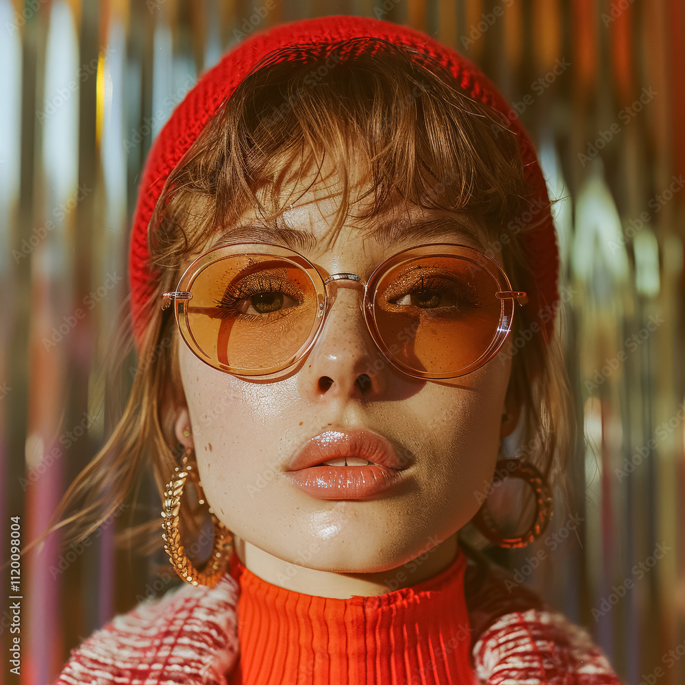 Woman wearing a red hat and orange glasses Woman wearing a red hat and orange glasses