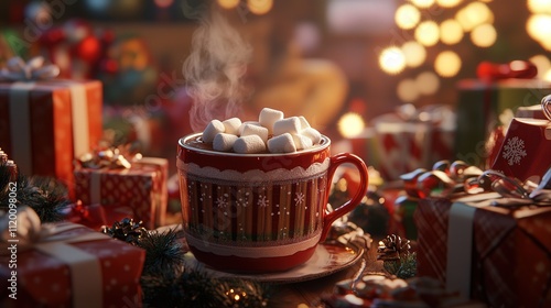 A steaming cup of cocoa with marshmallows takes center stage on a Christmas table, surrounded by wrapped presents and festive cheer