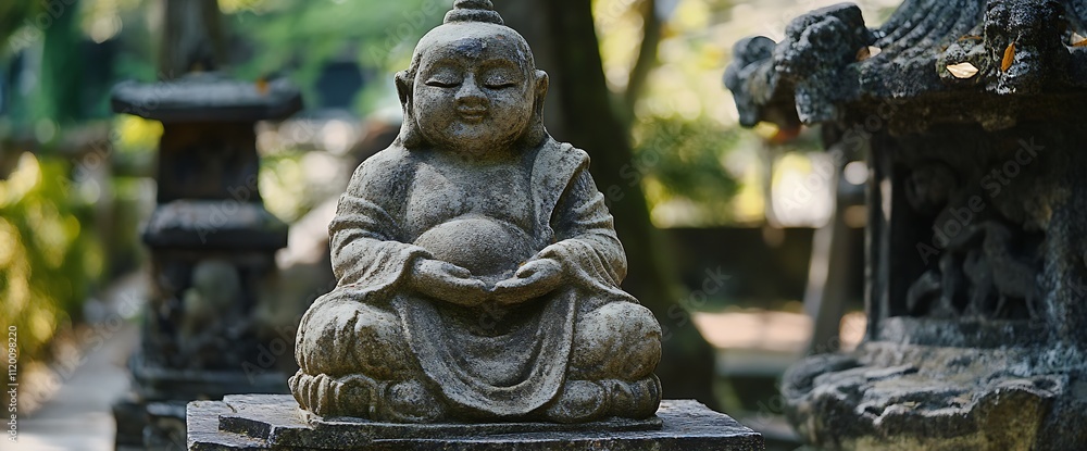 Stone Buddha statue with closed eyes in a meditating pose, placed on a stone platform. Stone Buddha statue with closed eyes in a meditating pose, placed on a stone platform.