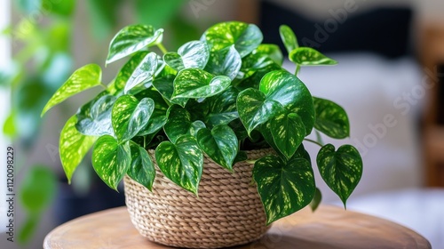 A close-up shot of a potted houseplant with green leaves in a woven basket, sitting on a wooden table.