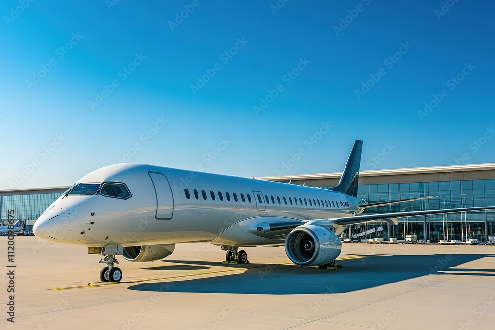 Modern airplane at terminal under blue sky Modern airplane at terminal under blue sky