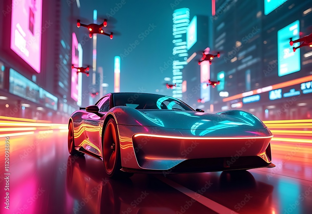 Fototapeta premium Futuristic Sports Car Driving Through Cyberpunk City at Night