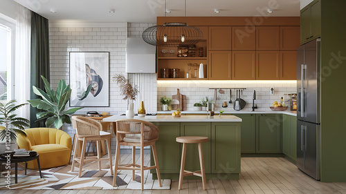 interior design mockup Modern kitchen interior 3d render Harvest Time Mustard yellow rust orange deep brown olive green Tattoo Flash Art