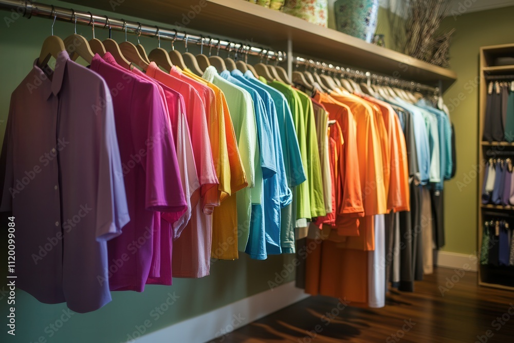 Colorful row of t-shirts on display in modern clothing store. Colorful row of t-shirts on display in modern clothing store.