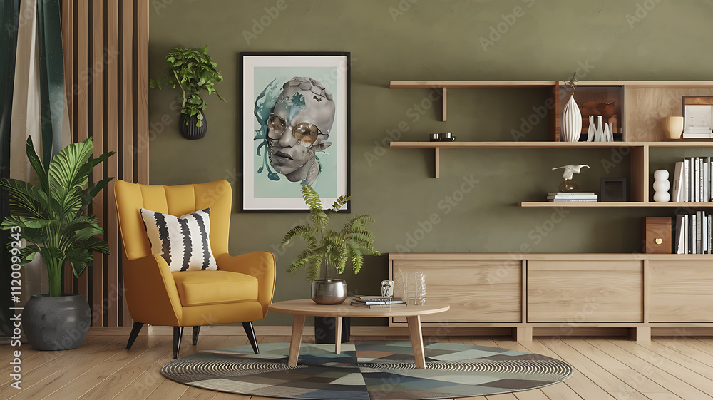 Fototapeta premium interior design mockup Interior of living room with armchair and plant 3d rendering Riverbank Olive green khaki stone gray water blue Fantasy Creature Design