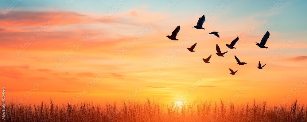Fototapeta premium Farmland fields landscape sunset, Serene sunset with flying birds over a field, creating a peaceful atmosphere.
