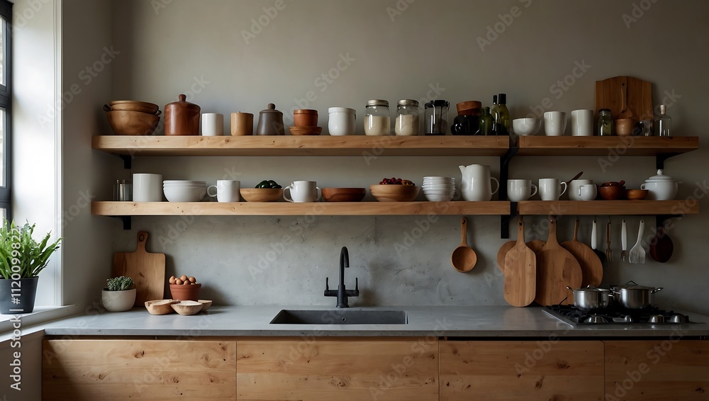 A modern kitchen with wooden shelves, featuring various containers, dishes, and utensils above a sleek sink and stove. A modern kitchen with wooden shelves, featuring various containers, dishes, and utensils above a sleek sink and stove.