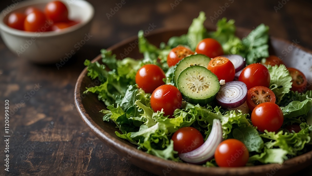 A wooden bowl holds a vibrant salad of leafy greens, cherry tomatoes, cucumber slices, and red onion, with a bowl of tomatoes nearby. A wooden bowl holds a vibrant salad of leafy greens, cherry tomatoes, cucumber slices, and red onion, with a bowl of tomatoes nearby.