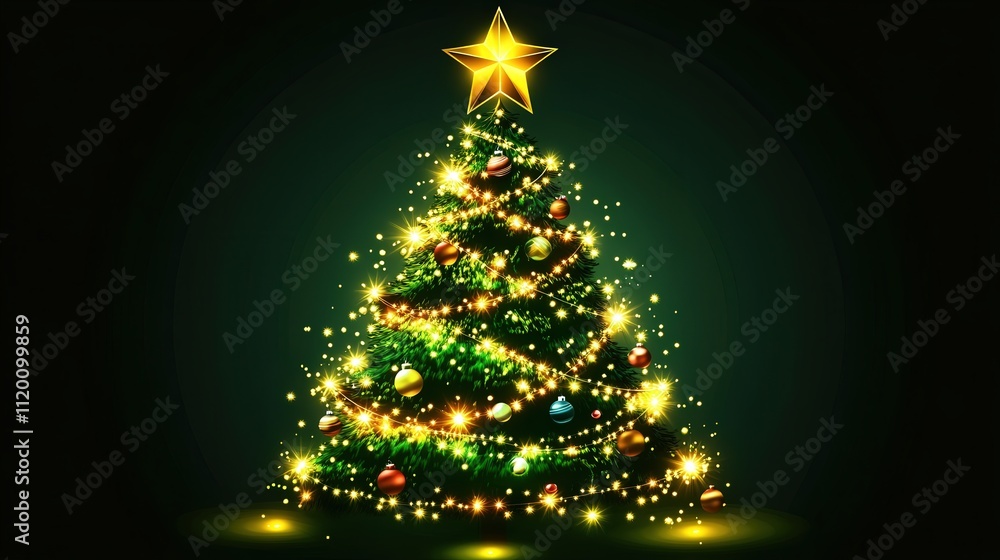 A stylized vector design of a Christmas tree, featuring a mix of traditional and modern elements like twinkling lights, bright baubles, and a large star on to A stylized vector design of a Christmas tree, featuring a mix of traditional and modern elements like twinkling lights, bright baubles, and a large star on to