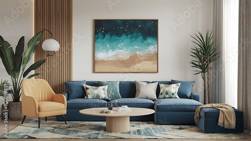 interior design mockup fass Ocean Breeze Teal navy seafoam sand beige AnimeManga Style photo