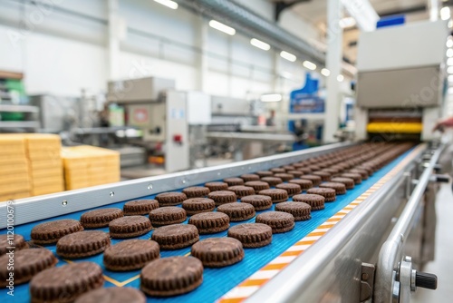 Chocolate cookie production line in modern industrial factory setting. photo