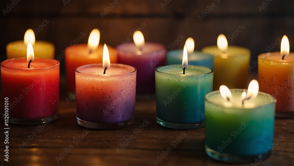 A collection of vibrant, lit candles in various colors, arranged on a dark wooden surface, creating a warm ambiance. A collection of vibrant, lit candles in various colors, arranged on a dark wooden surface, creating a warm ambiance.