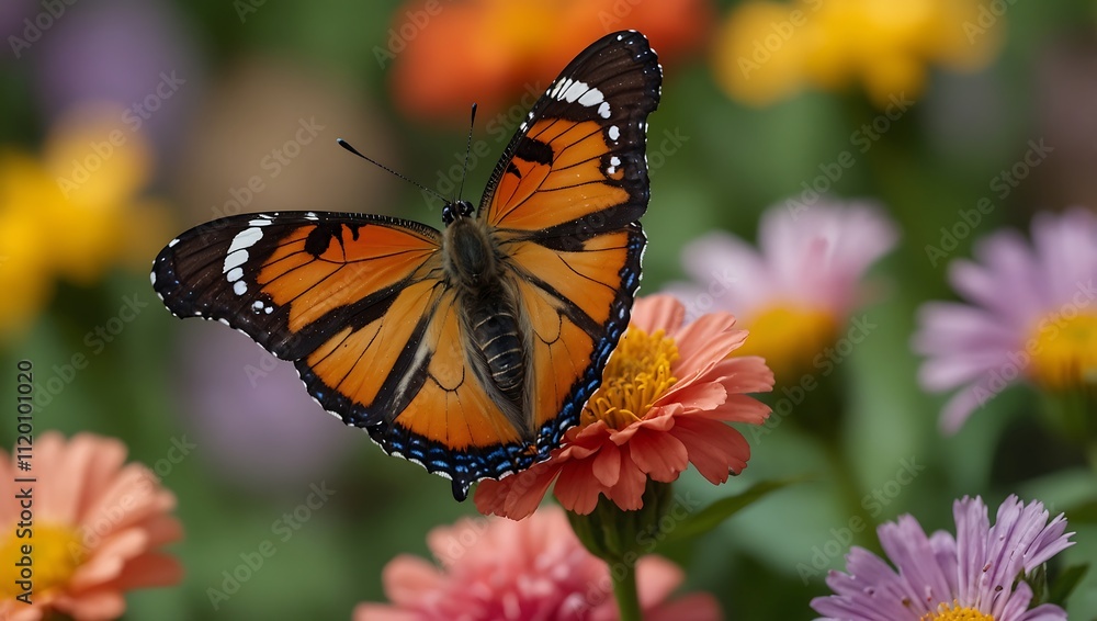 Obraz premium A vibrant monarch butterfly rests on a pink flower amidst a colorful garden with blooming flowers in the background.
