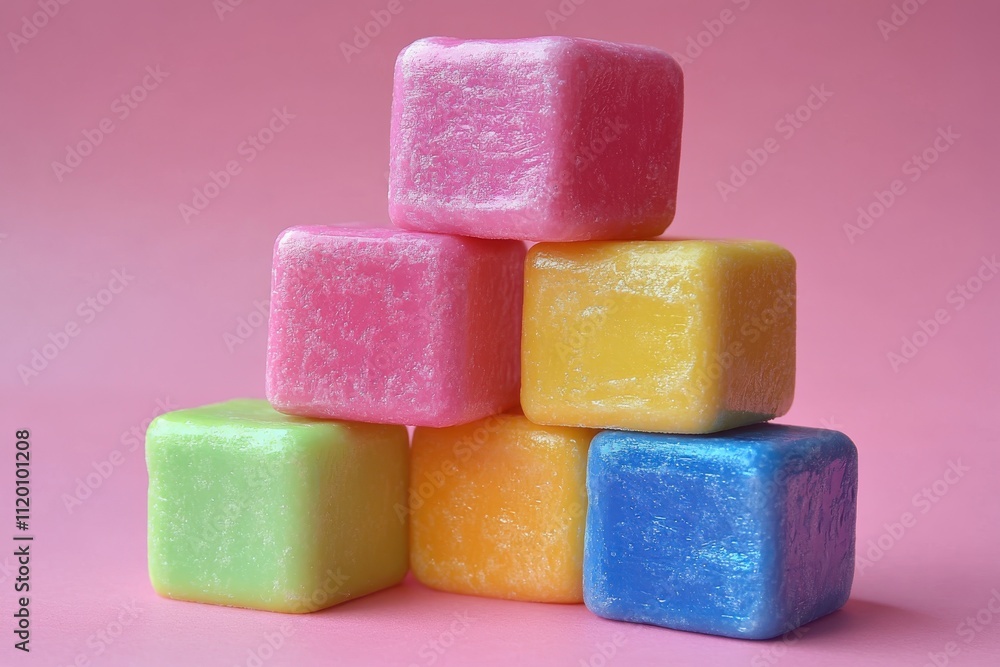 Colorful wax cubes stacked against a pink background, resembling playful building blocks. Colorful wax cubes stacked against a pink background, resembling playful building blocks.