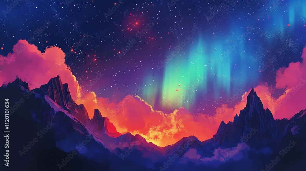 Naklejka premium Vibrant aurora borealis illuminating a majestic mountain range at sunset.