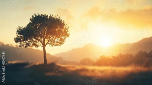 Silhouette of a tree in the morning sun, with subtle mist rising from the foliage