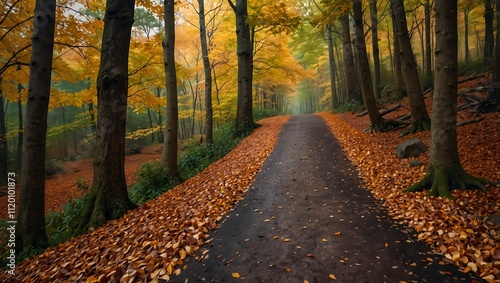 A serene forest path lined with vibrant autumn leaves, flanked by tall trees showcasing golden foliage.