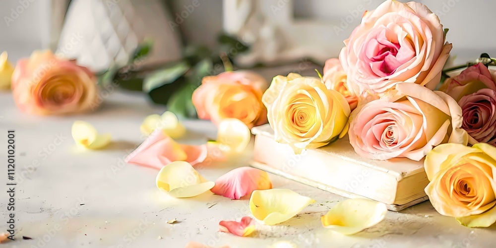 Delicate, colorful roses in soft pink and yellow hues are arranged in a loose, organic bouquet, with some petals slightly bruised and wilted to add a touch of whimsy and romance. Delicate, colorful roses in soft pink and yellow hues are arranged in a loose, organic bouquet, with some petals slightly bruised and wilted to add a touch of whimsy and romance.