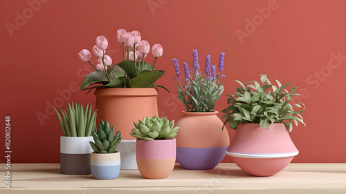 Wallpaper Mural interior design mockup Still life of various clay pots and plants on a wooden table against a terracotta wall background Candy Crush Bubblegum pink mint lavender pastel yellow Impressionism Torontodigital.ca
