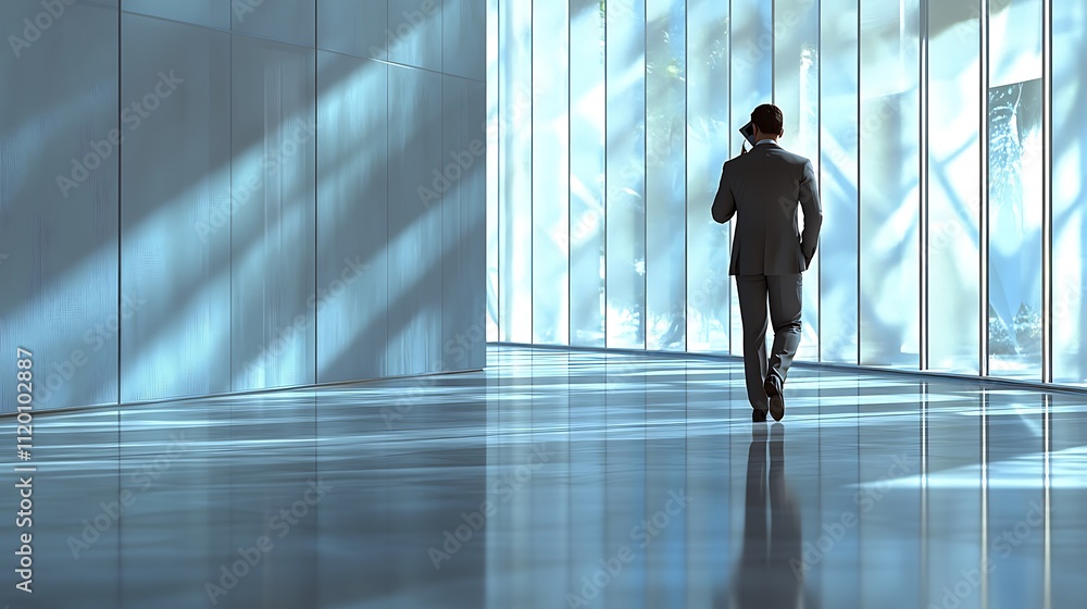 Businessman walking in modern office space high-tech environment Businessman walking in modern office space high-tech environment