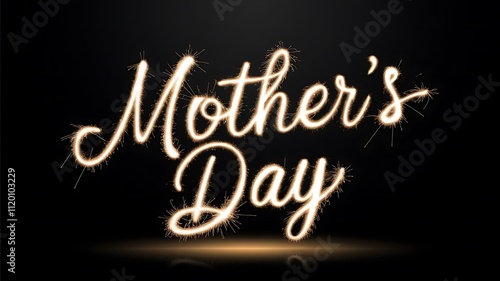 Vibrant Golden Script Text Effect for Mother’s Day on a Deep Black Background with Sparkler-Like Glow and Reflections