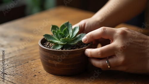 A person gently touches a succulent plant in a wooden pot, resting on a rustic wooden table.